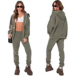 Edikted Nova Oversized Hoodie Full Zip Sweatshirt Womens XS/S Olive Green Lounge
